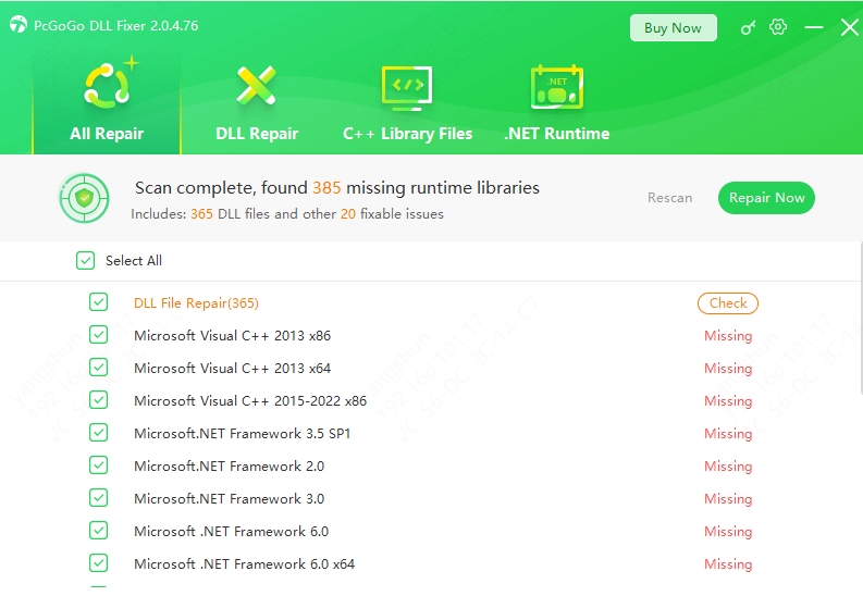 PcGoGo DLL Fixer scan complete screen showing missing runtime libraries